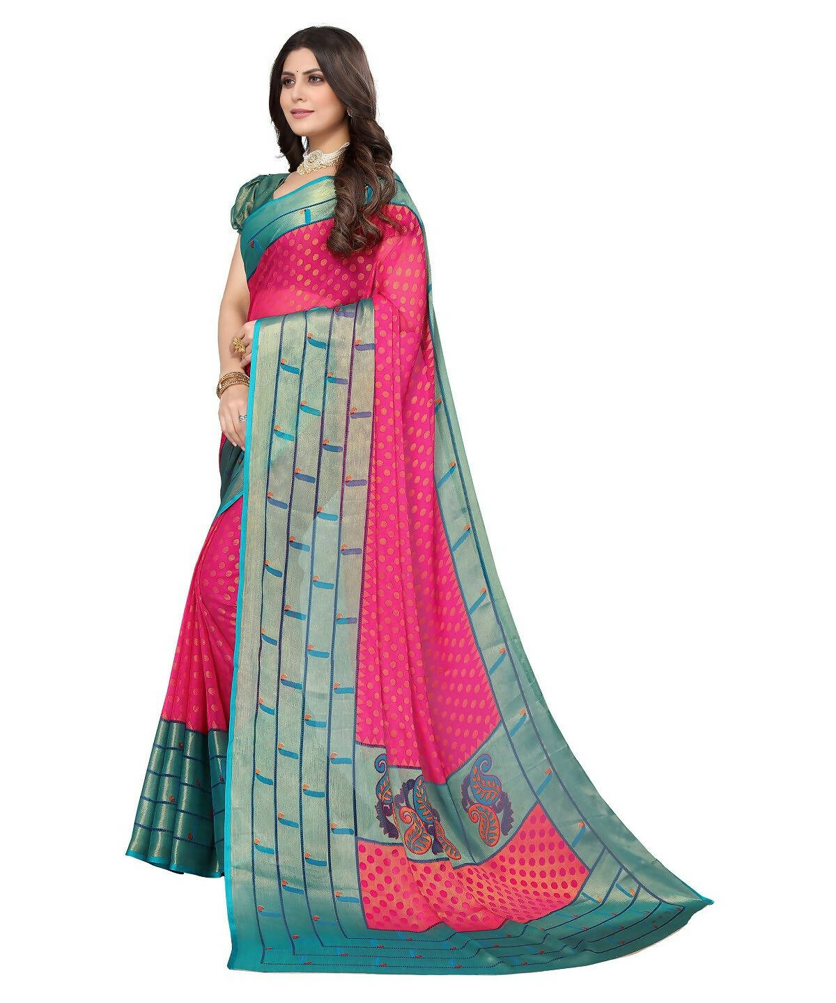 Vamika Pink Chiffon Brasso Bollywood Style Woven Saree (DIMPLE PINK) | Grocsy
