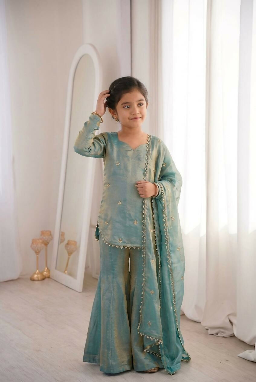Teeya Creation New Stylish Embroidered Kids Kurta Palazzo Set-Blue | Grocsy
