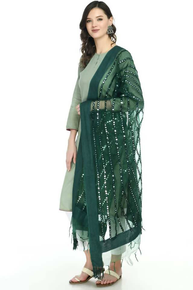 Mominos Fashion Bottle Green Orgenza Mirror Stripe Dupatta | Grocsy