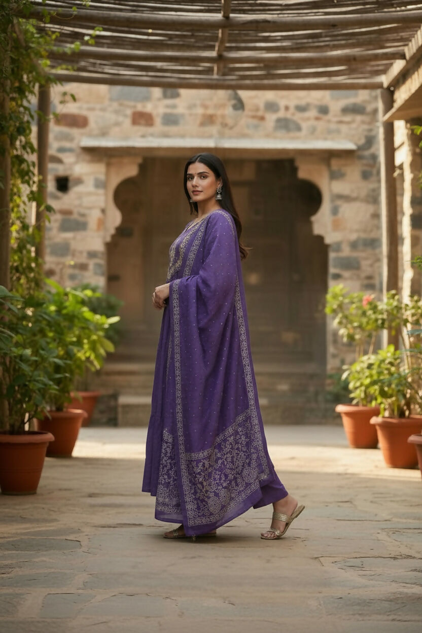 The52 Women's Beautiful Cotton Fabric Embroidery Work Flared Anarkali Pant and Dupatta Set | Grocsy
