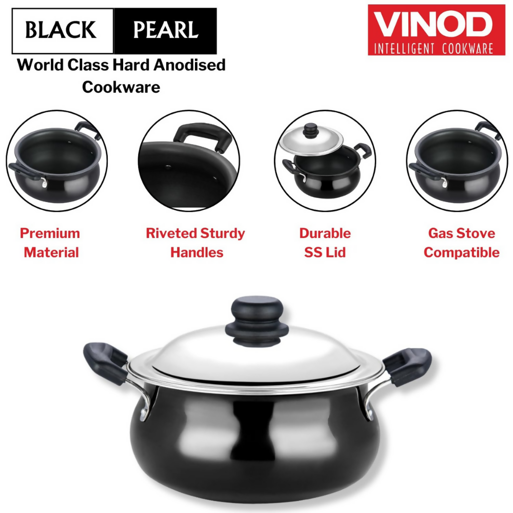 Vinod Black Pearl Hard Anodised Non Stick Handi with Lid | Grocsy