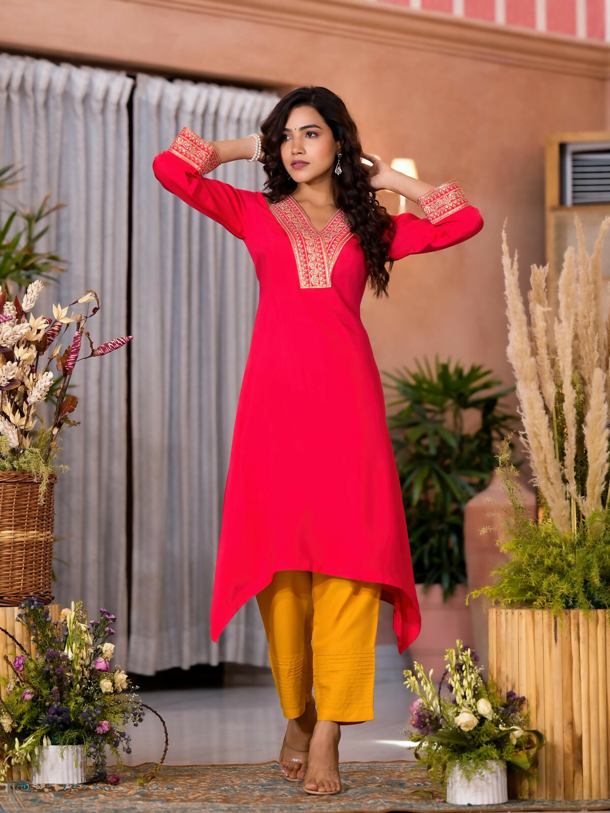Juniper Women's Fuchsia Zari Embroidered Viscose Kurta & Pant Set With Sequins | Grocsy