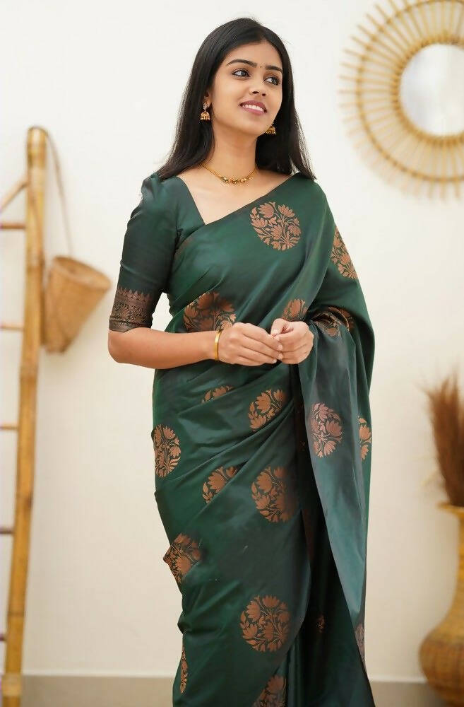 DEIANA'S Beautiful Designer Golden zari Soft Lichi Silk Saree - Green | Grocsy