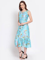 Myshka Women's Green Printed Cotton Blend Sleeveless Round Neck Casual Dress | Grocsy
