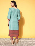 Ahalyaa Women's Teal Cotton Blend Digital Printed Kurta Pant Set | Grocsy