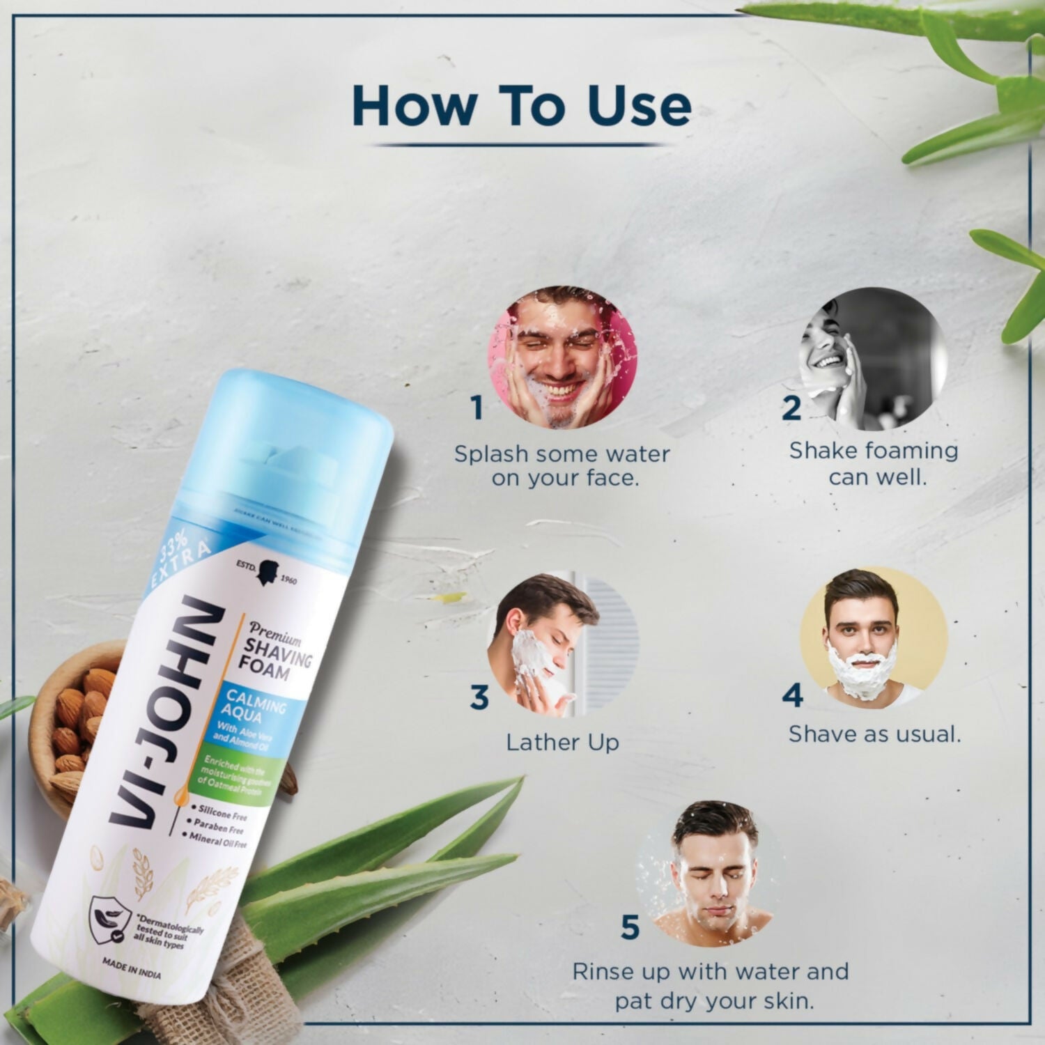 VI-JOHN Dermatologically Tested Premium Claming Aqua Shaving Foam Enriched with Aloevera & Almond Oil Free From Silicone, Paraben & Mineral Oil | Grocsy