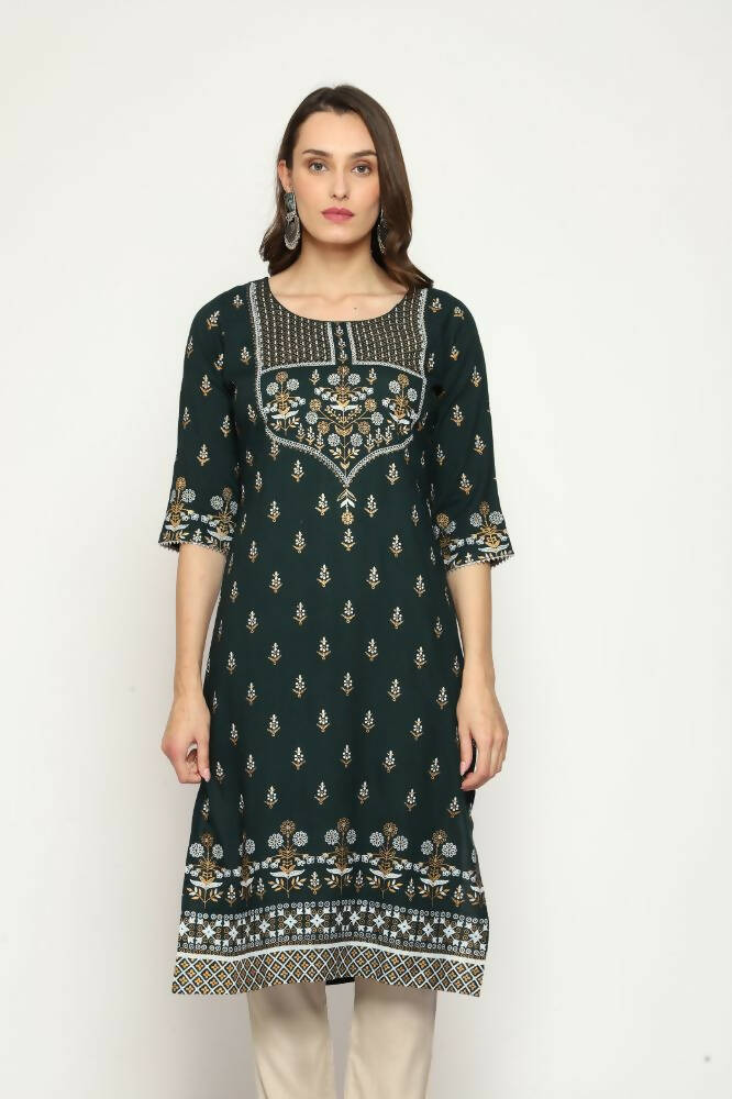Maai Rayon Hand Printed Kurta Green | Grocsy