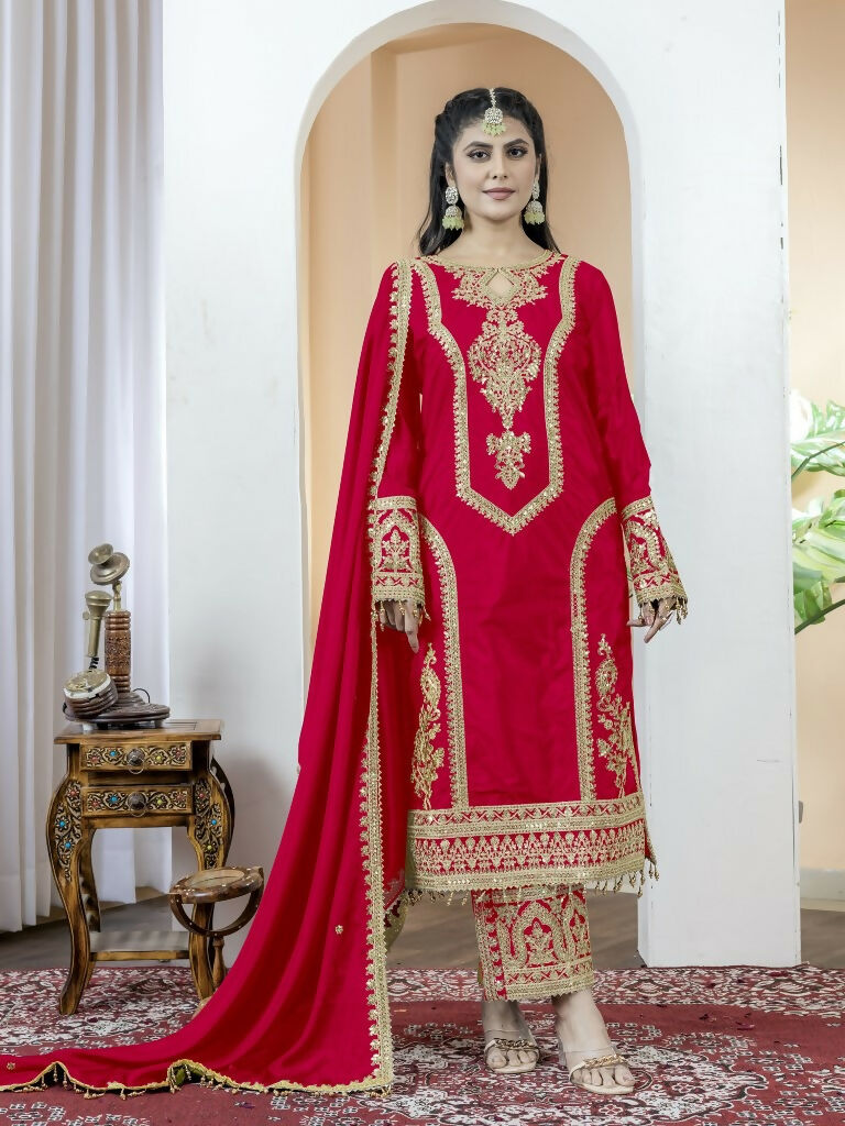Teeya Creation Red Color Chinnon Silk Embroidery Work Fully Stitched Salwar Suit | Grocsy