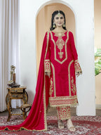 Teeya Creation Red Color Chinnon Silk Embroidery Work Fully Stitched Salwar Suit | Grocsy