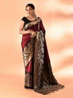 Joban Fashion Maroon & Black Plain With Weaving Border Banarasi Silk Sarees | Grocsy