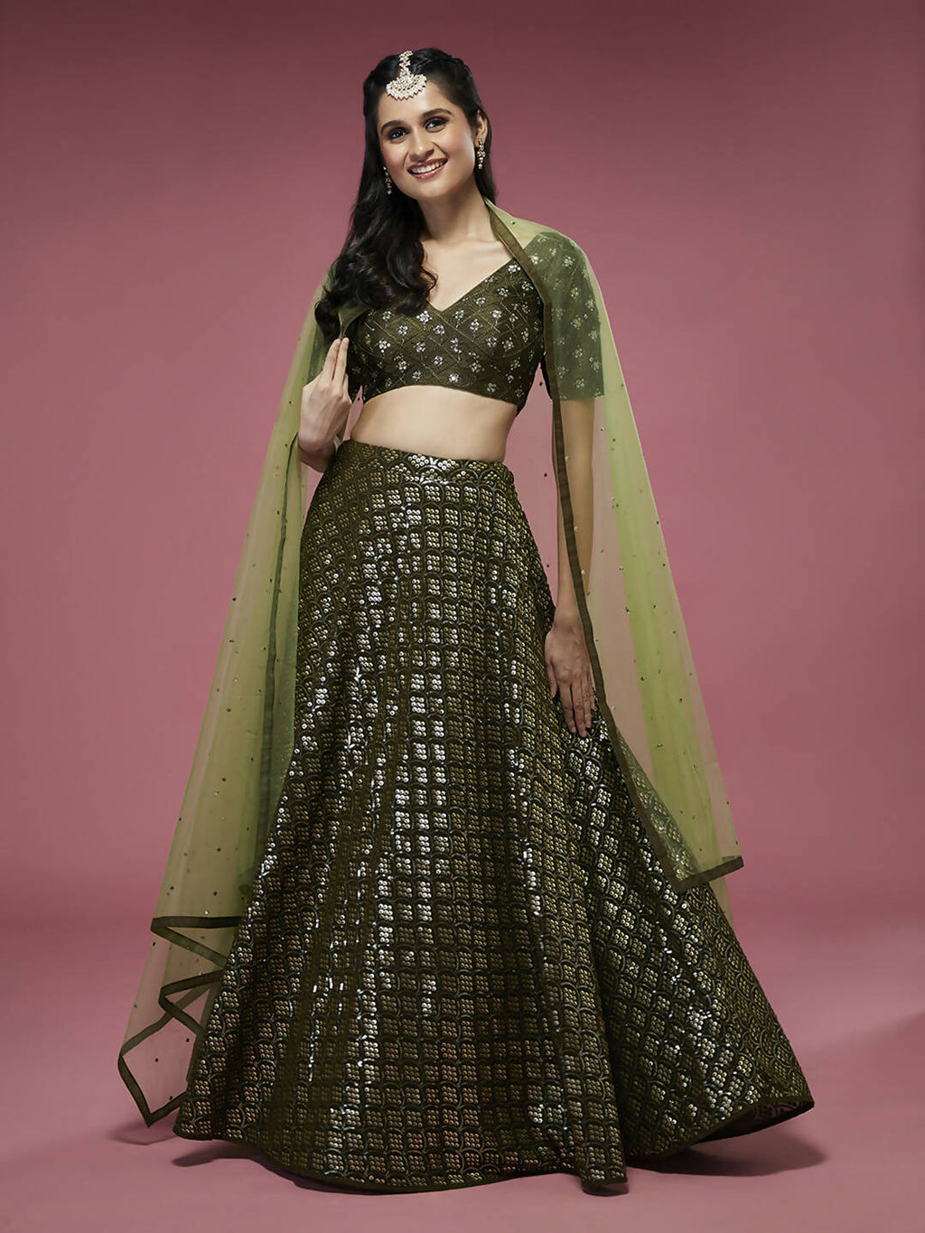 House of Panchhi Olive Georgette Sequinse Embroidered Lehenga & Blouse with Dupatta | Grocsy