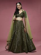 House of Panchhi Olive Georgette Sequinse Embroidered Lehenga & Blouse with Dupatta | Grocsy
