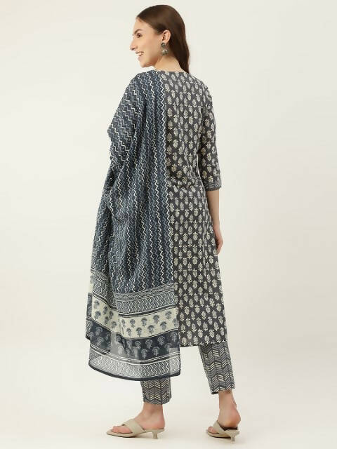 FIORRA Women's Grey Cotton Straight Kurta Pant With Dupatta | Grocsy