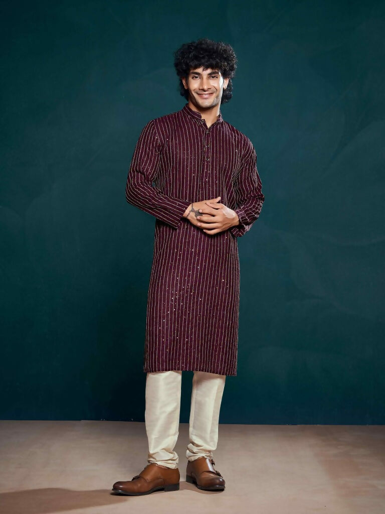 Wine Viscose Designer Sequance Embroidery Work Men's Kurta Set - Mahotsav | Grocsy