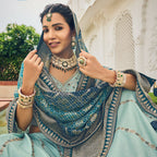 Sky Blue Heavy Viscose Khatli, Embroidery & Mirror Work Unstitched Lehenga Choli - Sisha Keshav | Grocsy