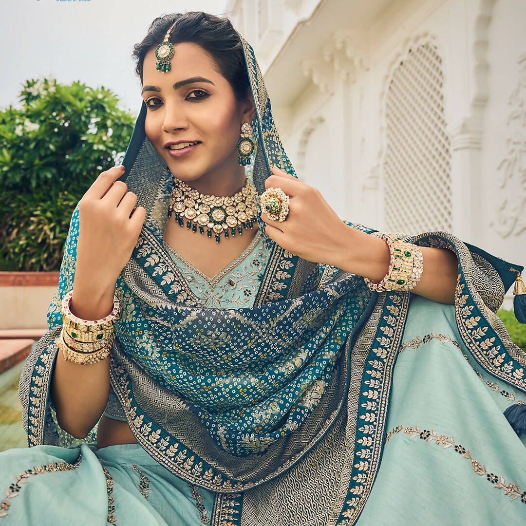 Sky Blue Heavy Viscose Khatli, Embroidery & Mirror Work Unstitched Lehenga Choli - Sisha Keshav | Grocsy
