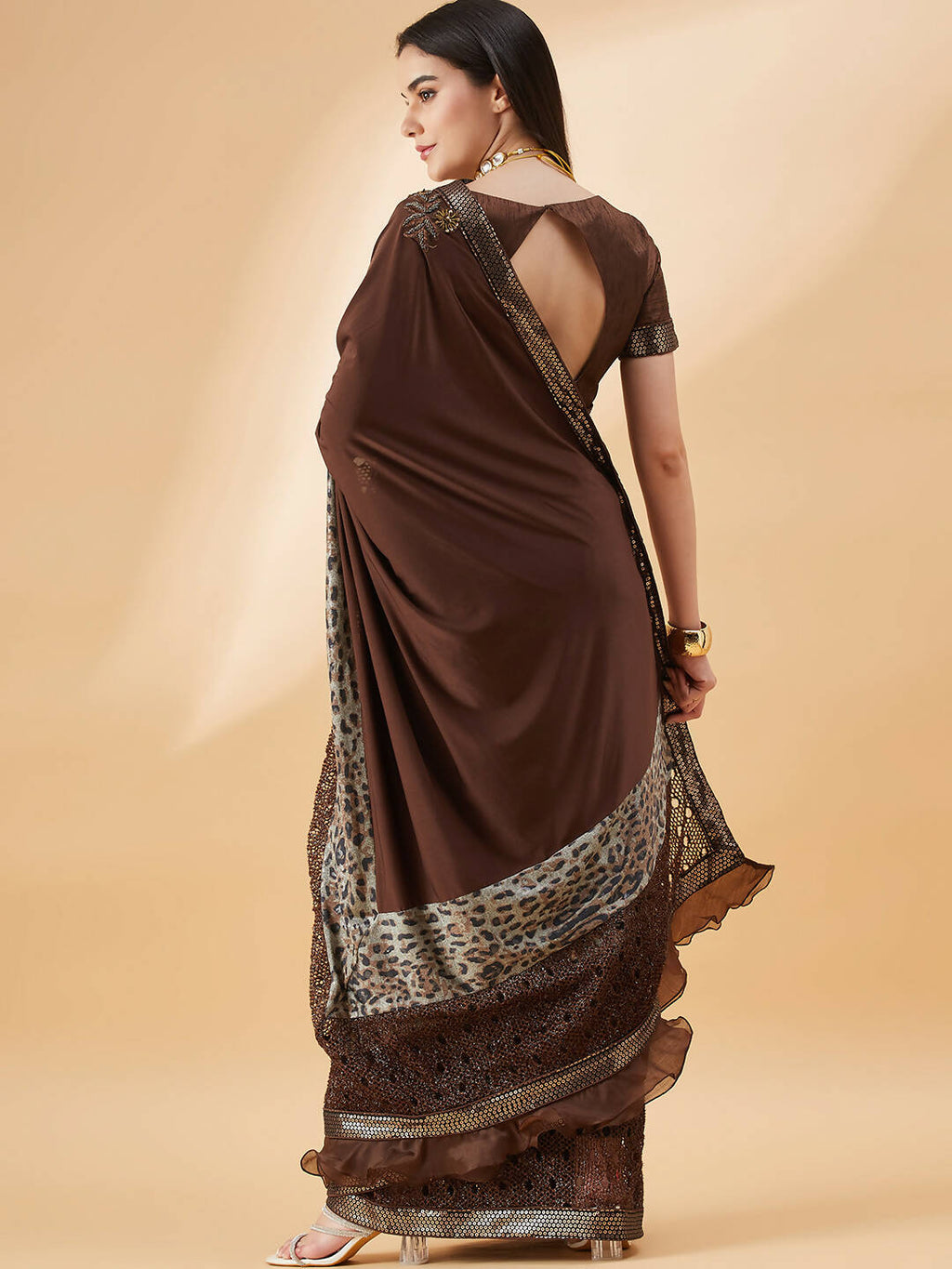 Brown Lycra Animal Print, Fancy Value Addition Fabric Saree - Norita Hit Design | Grocsy