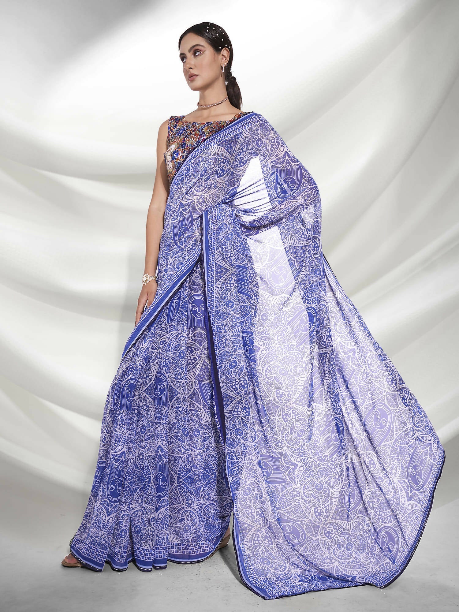 Blue Georgette Floral Printed Saree With Unstitched Blouse Piece - Rajal | Grocsy