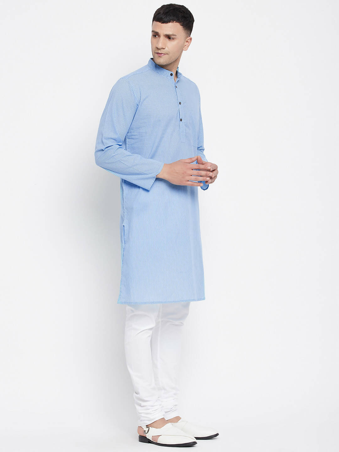 Even Apparels Blue Pure Cotton Men's Kurta With Band Collar | Grocsy