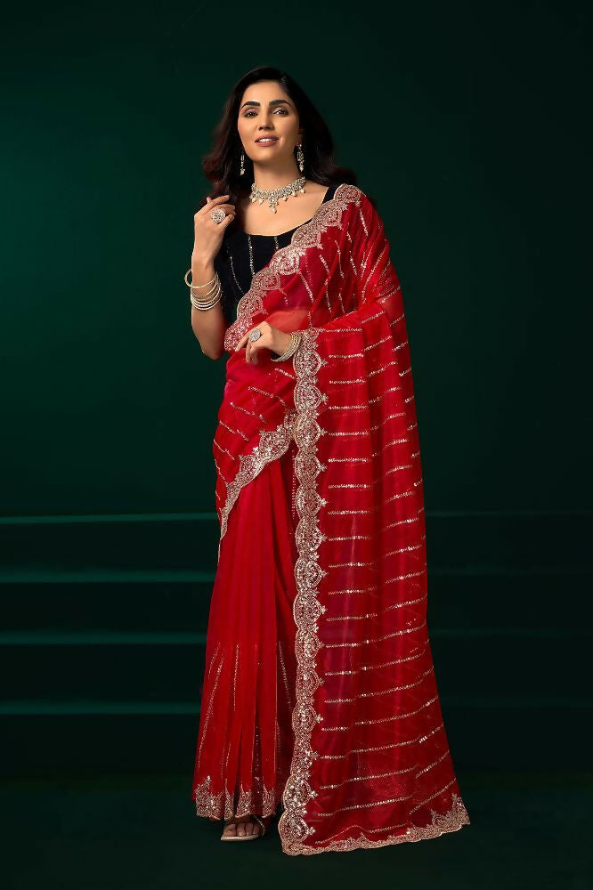 Joban Fashion Red Net Party Wear Sarees | Grocsy