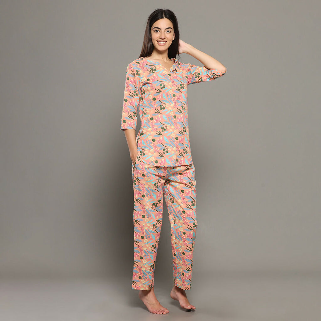 Breathables Women Cotton Printed Loungewear Kurta And Pants Co-Ord Set Peach I Night Wear | Floral Print | Grocsy