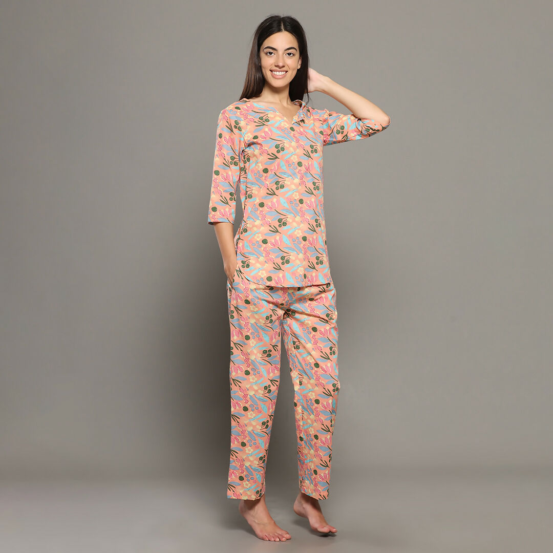 Breathables Women Cotton Printed Loungewear Kurta And Pants Co-Ord Set Peach I Night Wear | Floral Print | Grocsy