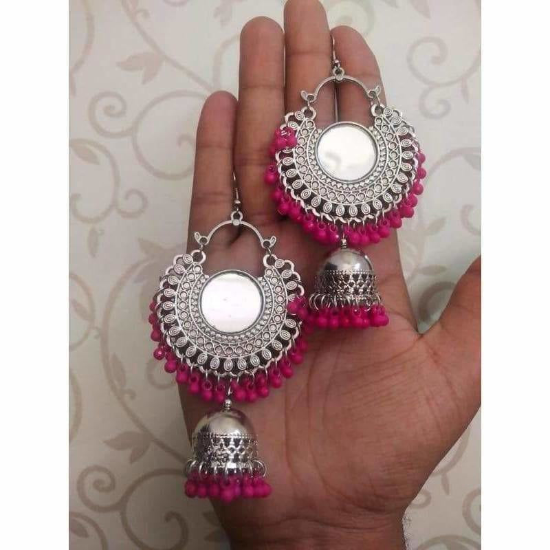 MS Fashion India Pink Color Pearls Chandbali Earrings With Mirror | Grocsy