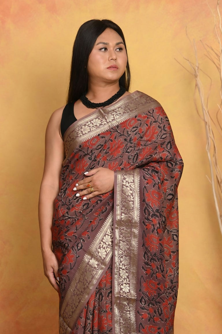 Very Much Indian Modal Silk Ajrakh Handblock Printed Natural Dyes With Designer Border Saree - Maroon | Grocsy