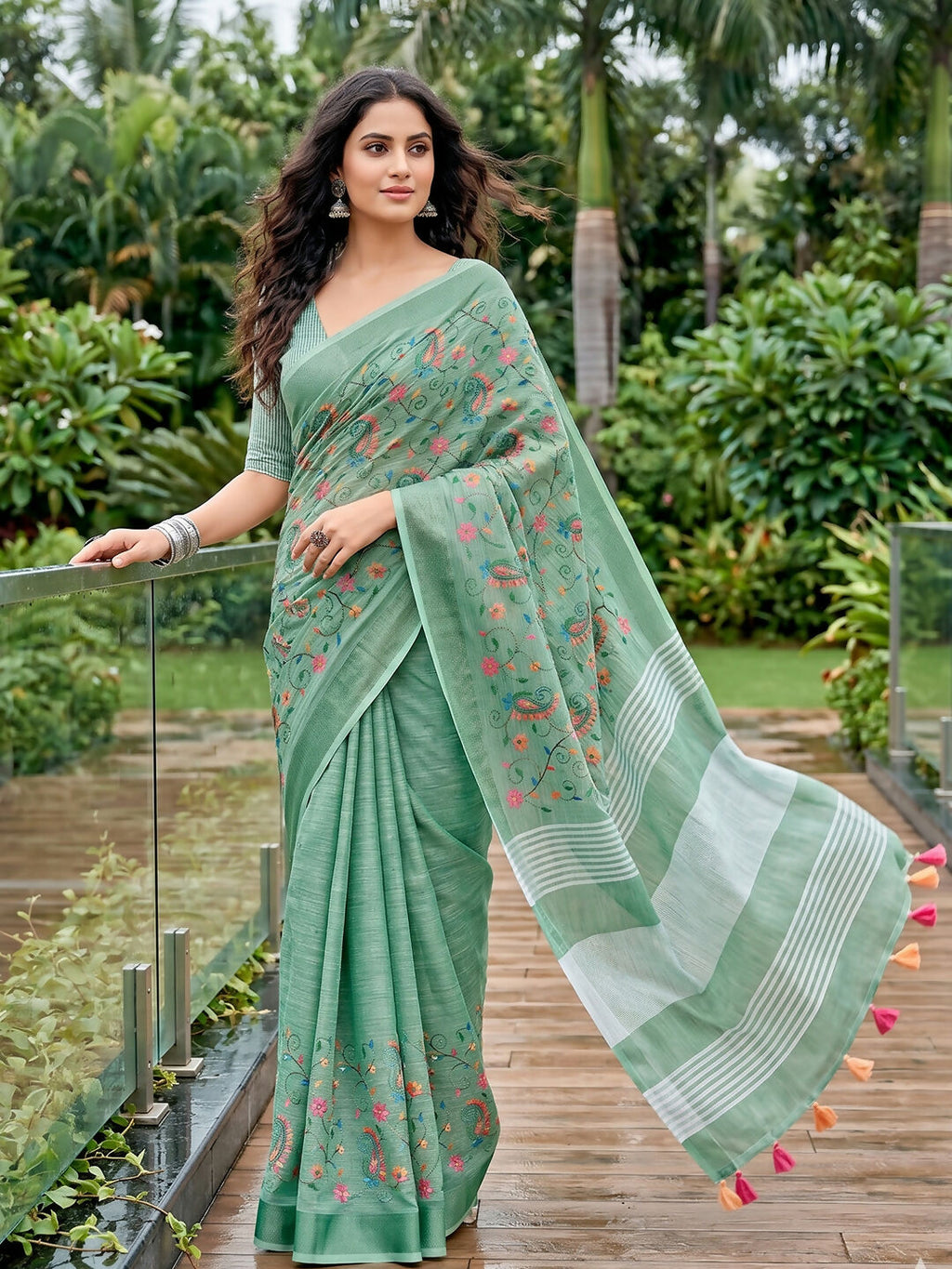 Shree Shyam Fashion Sea Green Linen Saree | Grocsy