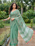Shree Shyam Fashion Sea Green Linen Saree | Grocsy