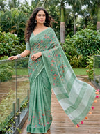 Shree Shyam Fashion Sea Green Linen Saree | Grocsy