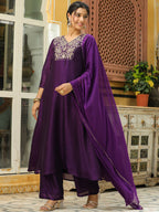 Janasya Purple Silk Blend Yoke Embroidery Kurta,Bottom & Dupatta | Grocsy