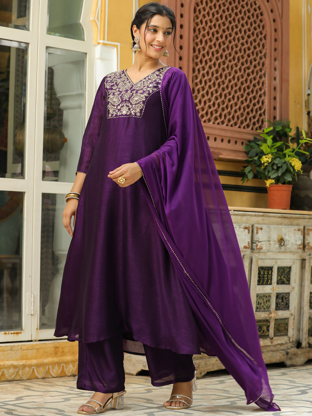 Janasya Purple Silk Blend Yoke Embroidery Kurta,Bottom & Dupatta | Grocsy