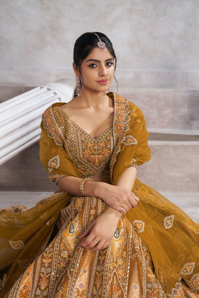 Kesar Fab Dark-Mustard Banarasi Silk Hand_Woven Lehenga | Grocsy