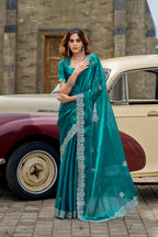 Vastranavya Rama Embroidery Work Shimmer Chiffon Saree with Unstitched Blouse | Grocsy