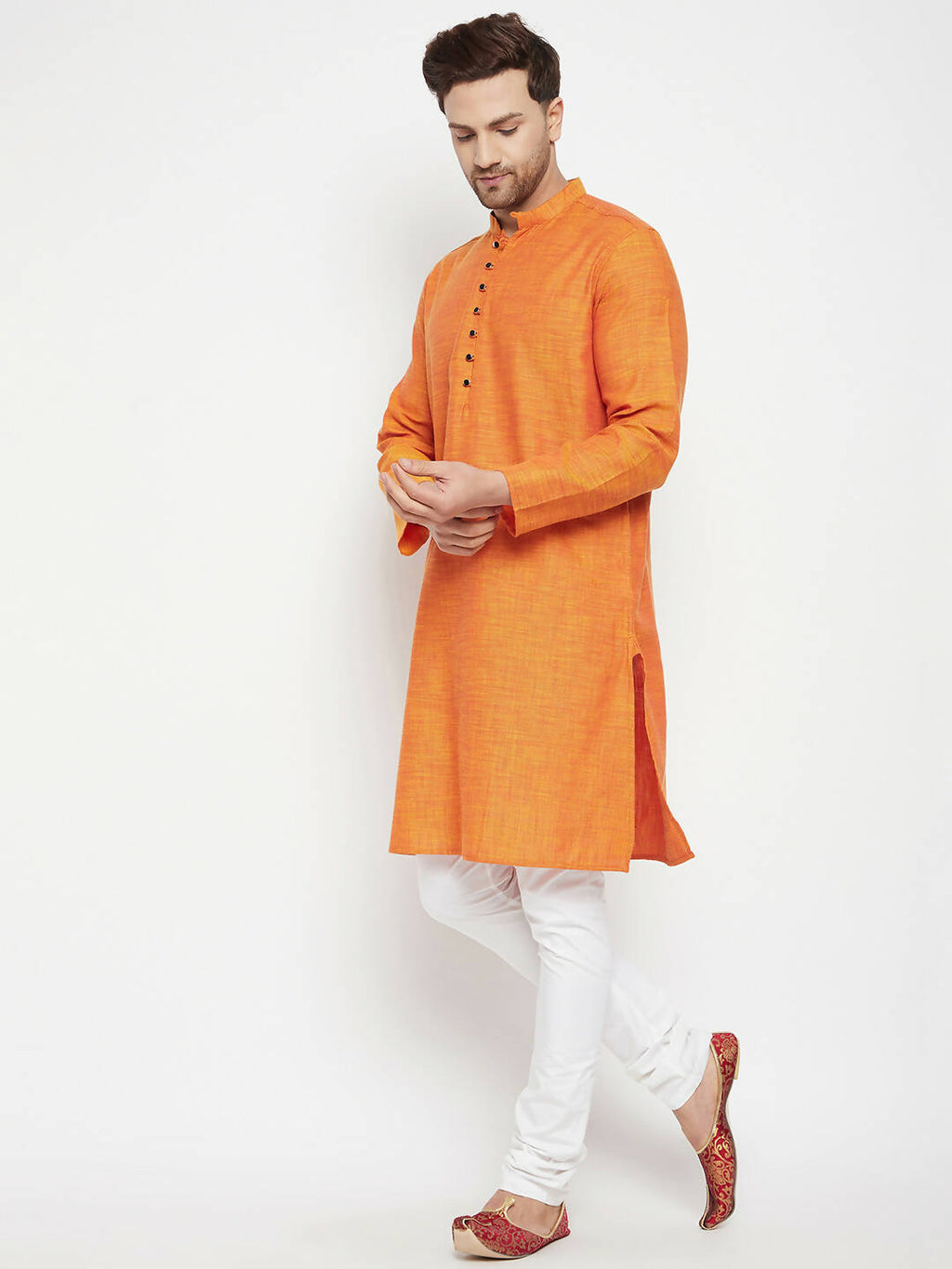 Even Apparels Orange Pure Cotton Long Men's Kurta With Band Collar | Grocsy
