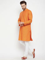 Even Apparels Orange Pure Cotton Long Men's Kurta With Band Collar | Grocsy