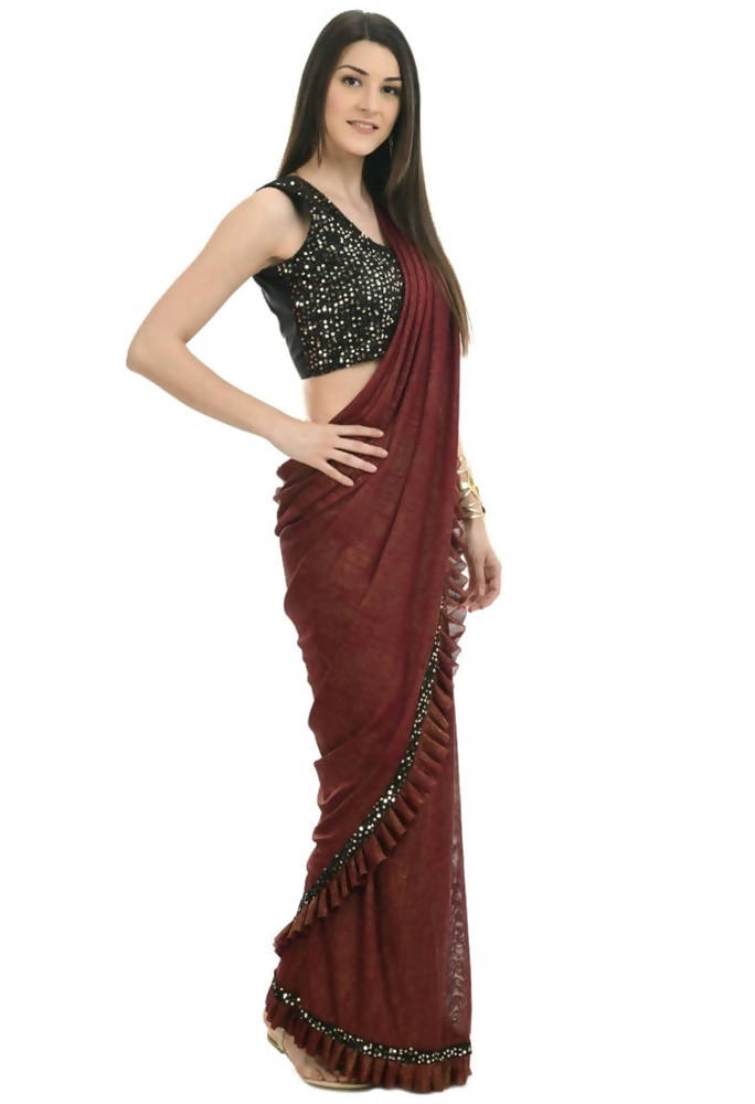 Mominos Fashion All Season Wear Rust And Black Ruffled Ready To Wear Saree | Grocsy