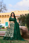 Vastranavya Ethnic Look Tussar Silk Floral Printed With Foil Work Indian Lehenga Choli - Green | Grocsy