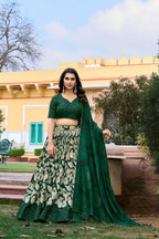 Vastranavya Ethnic Look Tussar Silk Floral Printed With Foil Work Indian Lehenga Choli - Green | Grocsy
