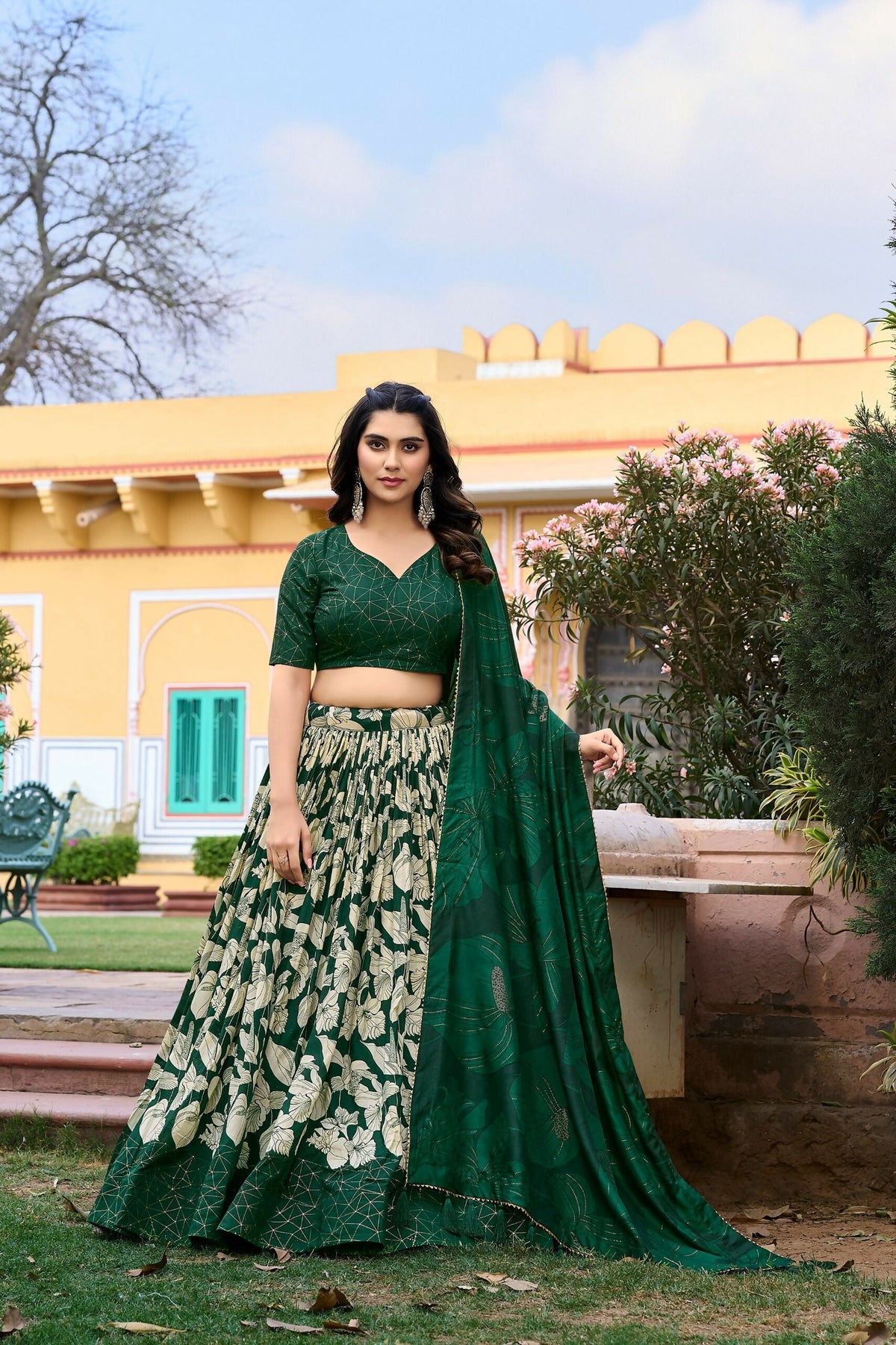 Vastranavya Ethnic Look Tussar Silk Floral Printed With Foil Work Indian Lehenga Choli - Green | Grocsy
