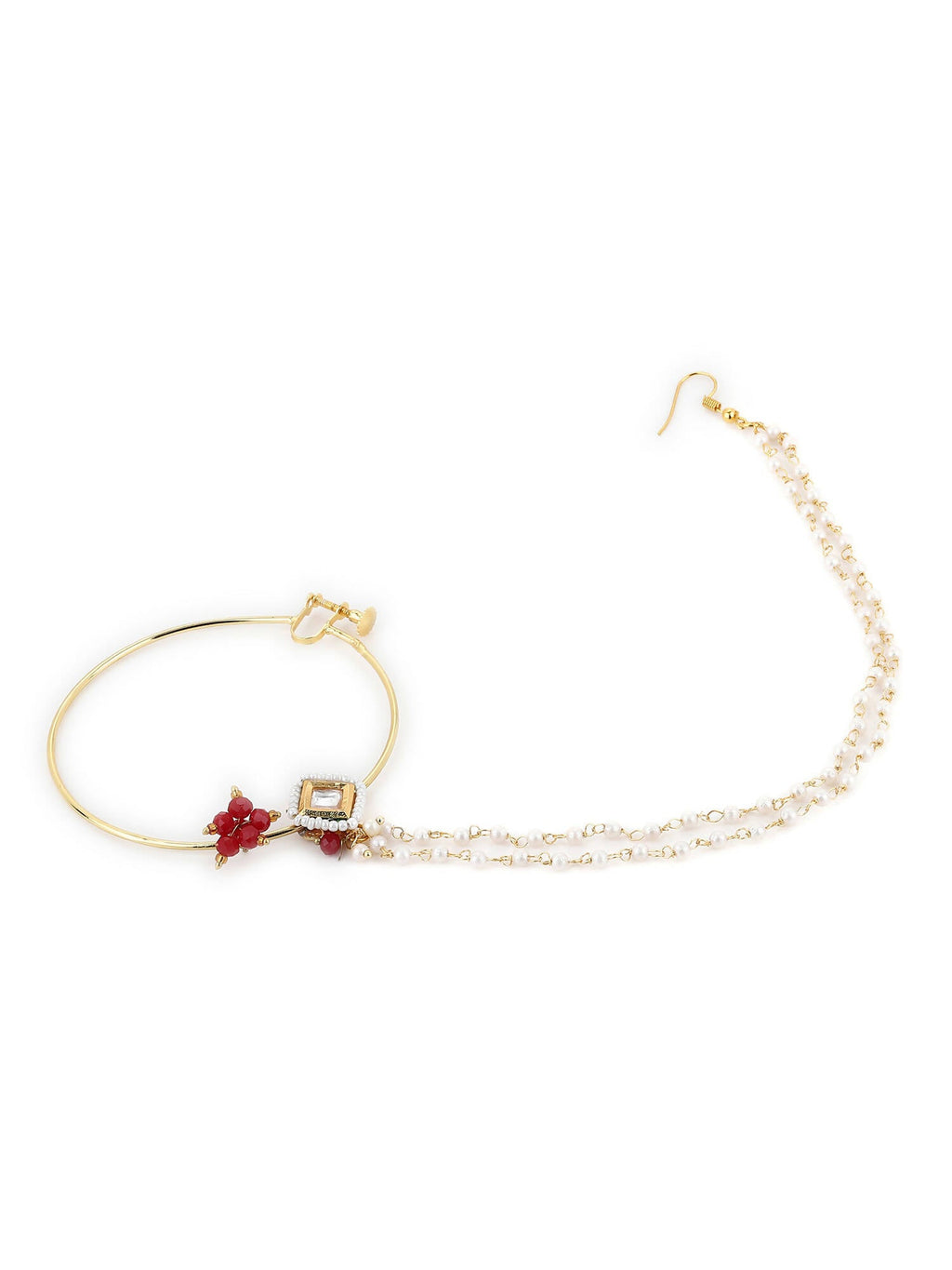 Gold-Polished White Red Kundan-Studded Pearl Beaded Nosepin - Ruby Raang | Grocsy