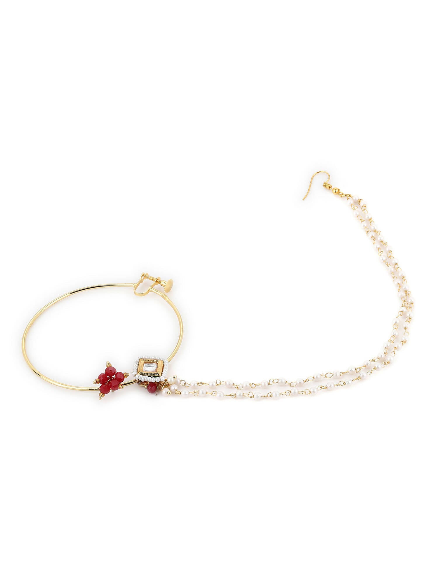 Gold-Polished White Red Kundan-Studded Pearl Beaded Nosepin - Ruby Raang | Grocsy