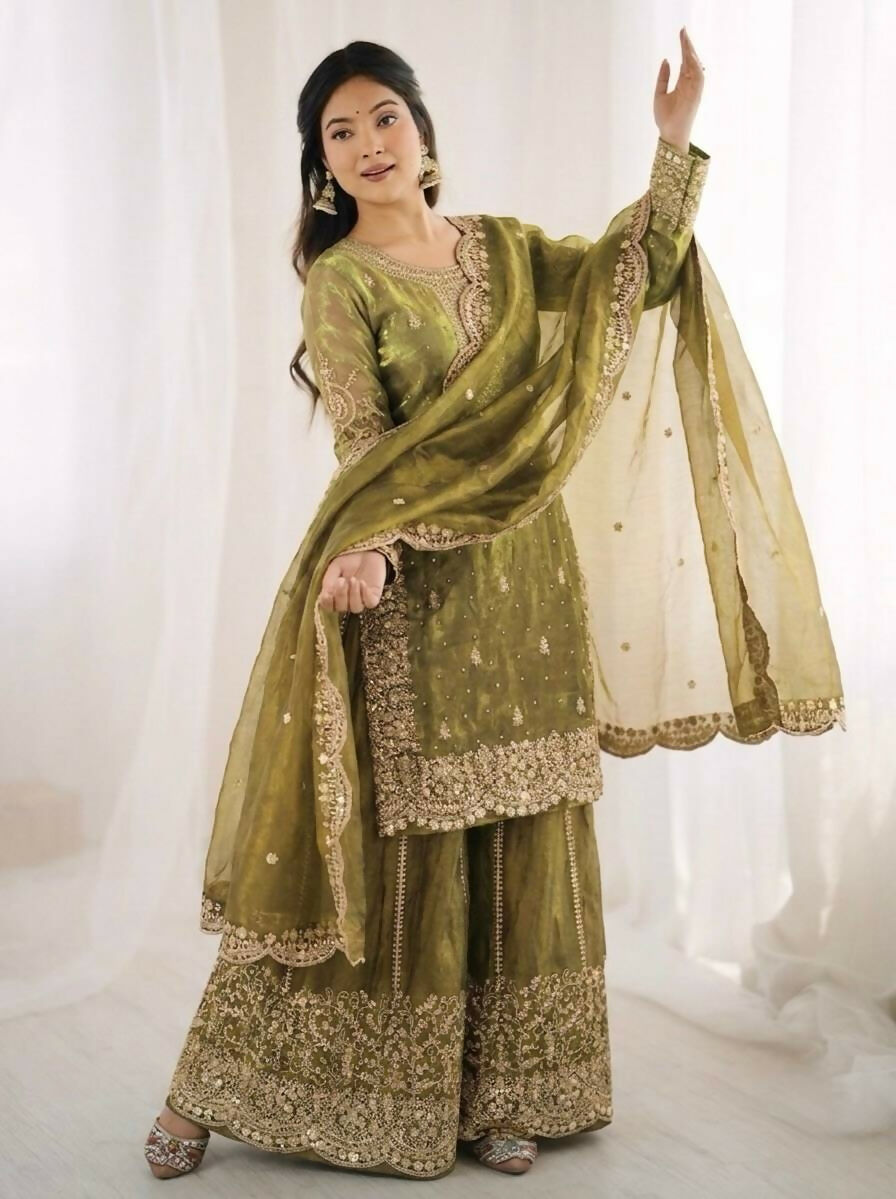 Teeya Creation Womens New Trendy Embroidery Coding And Sequence Work Light-Green Kurta Set | Grocsy