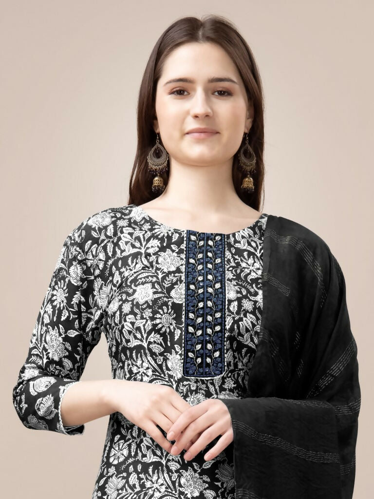 Jyoti Fashion Women's Black Rayon Print with Embroidery & Fancy Lace Work Kurta with Trouser & Dupatta | Grocsy