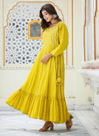 Kaajh Women's Yellow Embroidered Ethnic Gown | Grocsy