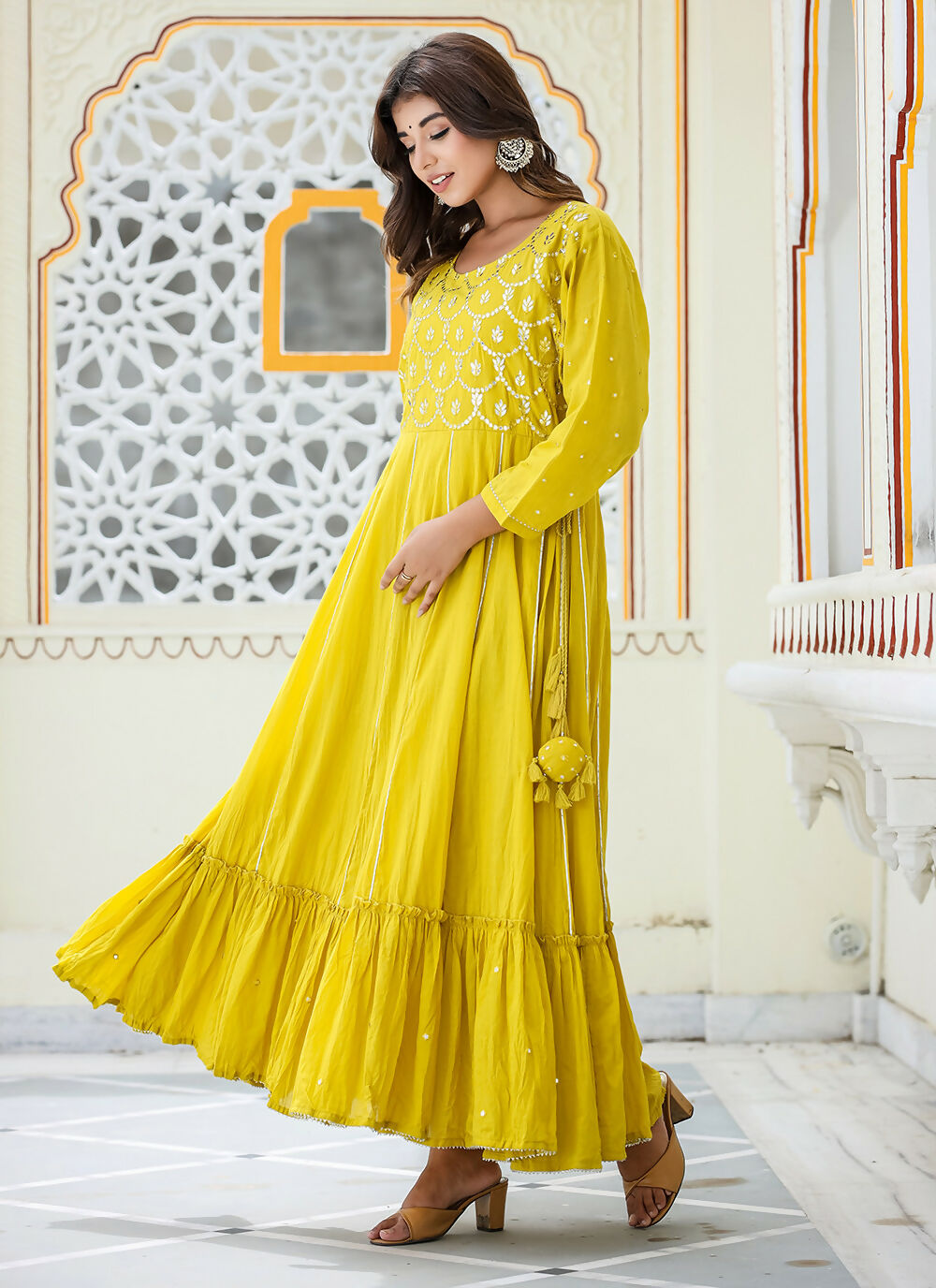 Kaajh Women's Yellow Embroidered Ethnic Gown | Grocsy