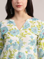 Aavyora Women's Off-White and Blue Cotton A-Line Tunic with Blue and Green Floral Print. | Grocsy