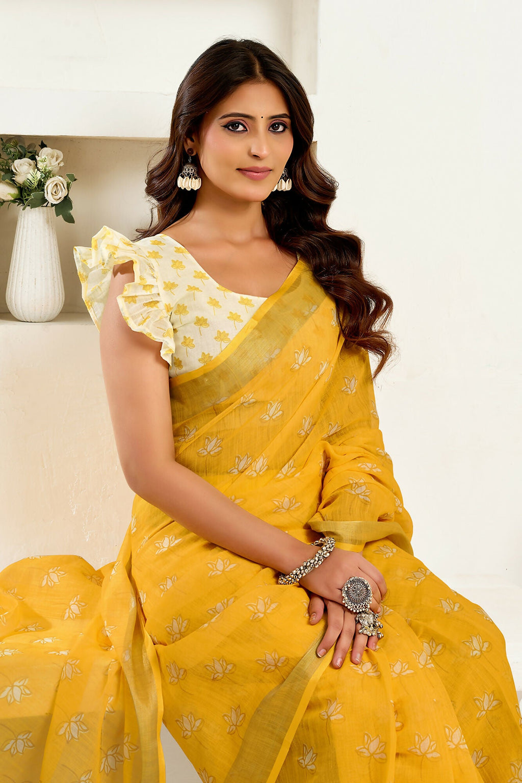 Vastranavya Yellow Digital Printed Linen Ready To Wear Designer Saree with Unstitched Blouse | Grocsy