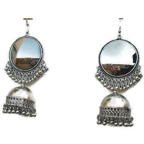 MS Fashion India Large Mirror Earrings With Oxidized Silver Jhumkas | Grocsy